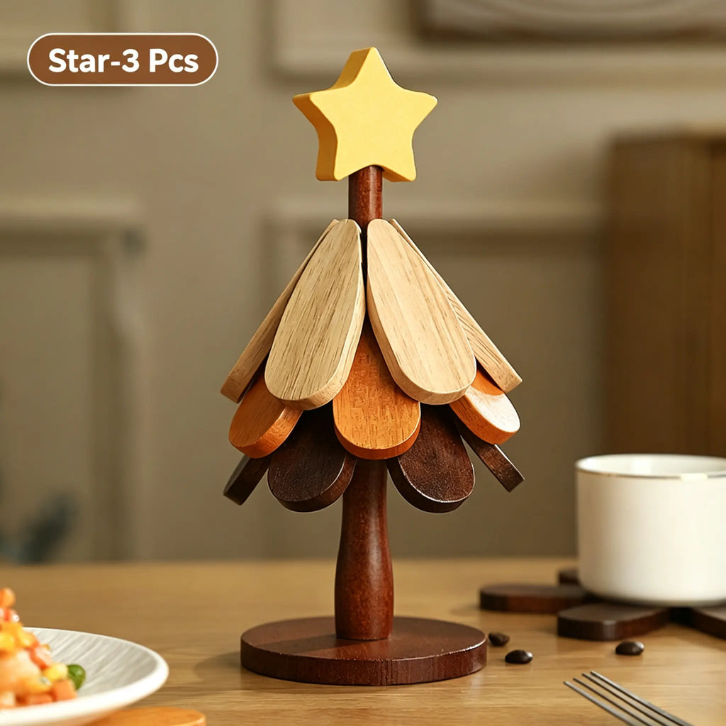 Christmas Tree Heat-Resistant Trivet Set — Foldable Wooden Coasters for Hot Dishes & Mugs
