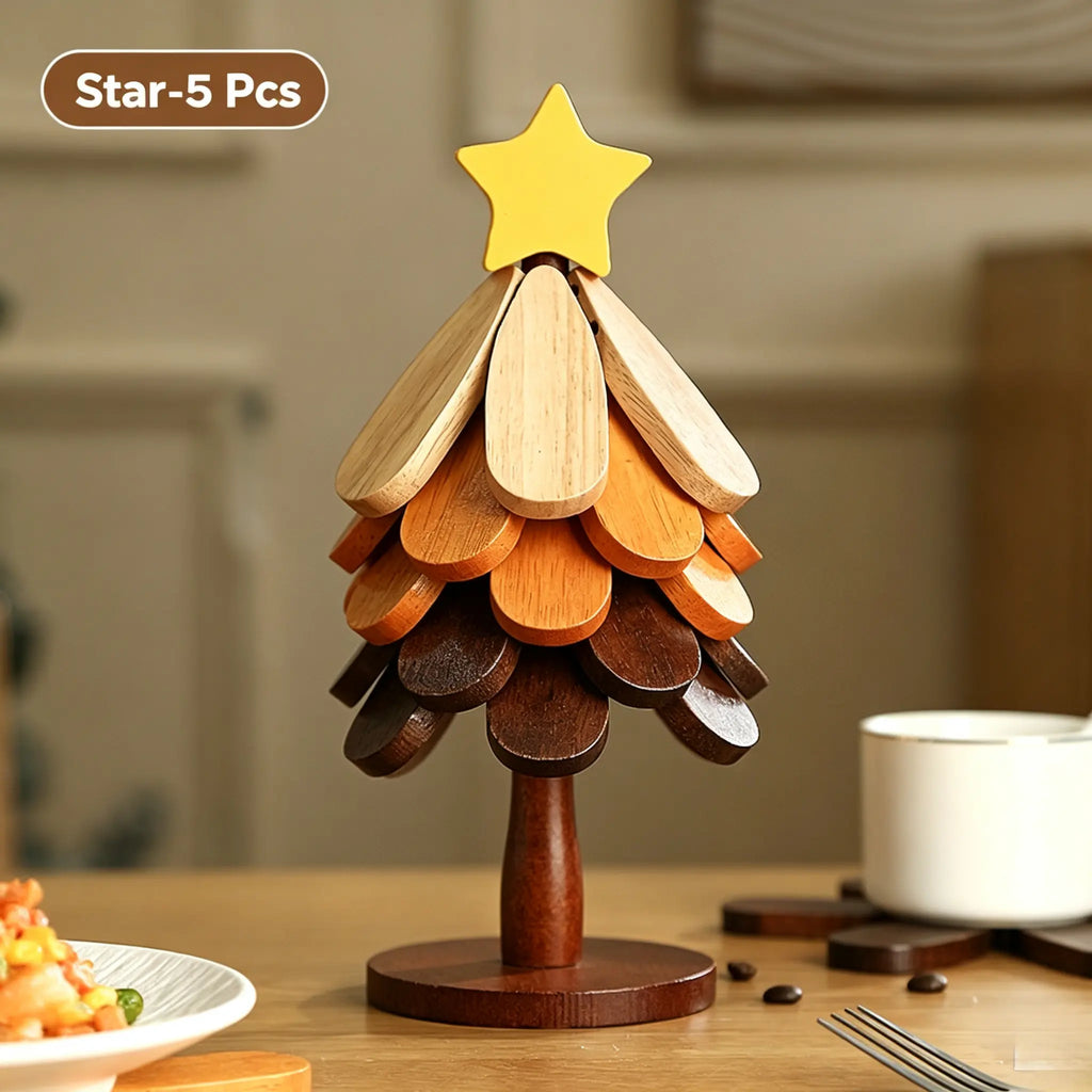 Christmas Tree Heat-Resistant Trivet Set — Foldable Wooden Coasters for Hot Dishes & Mugs