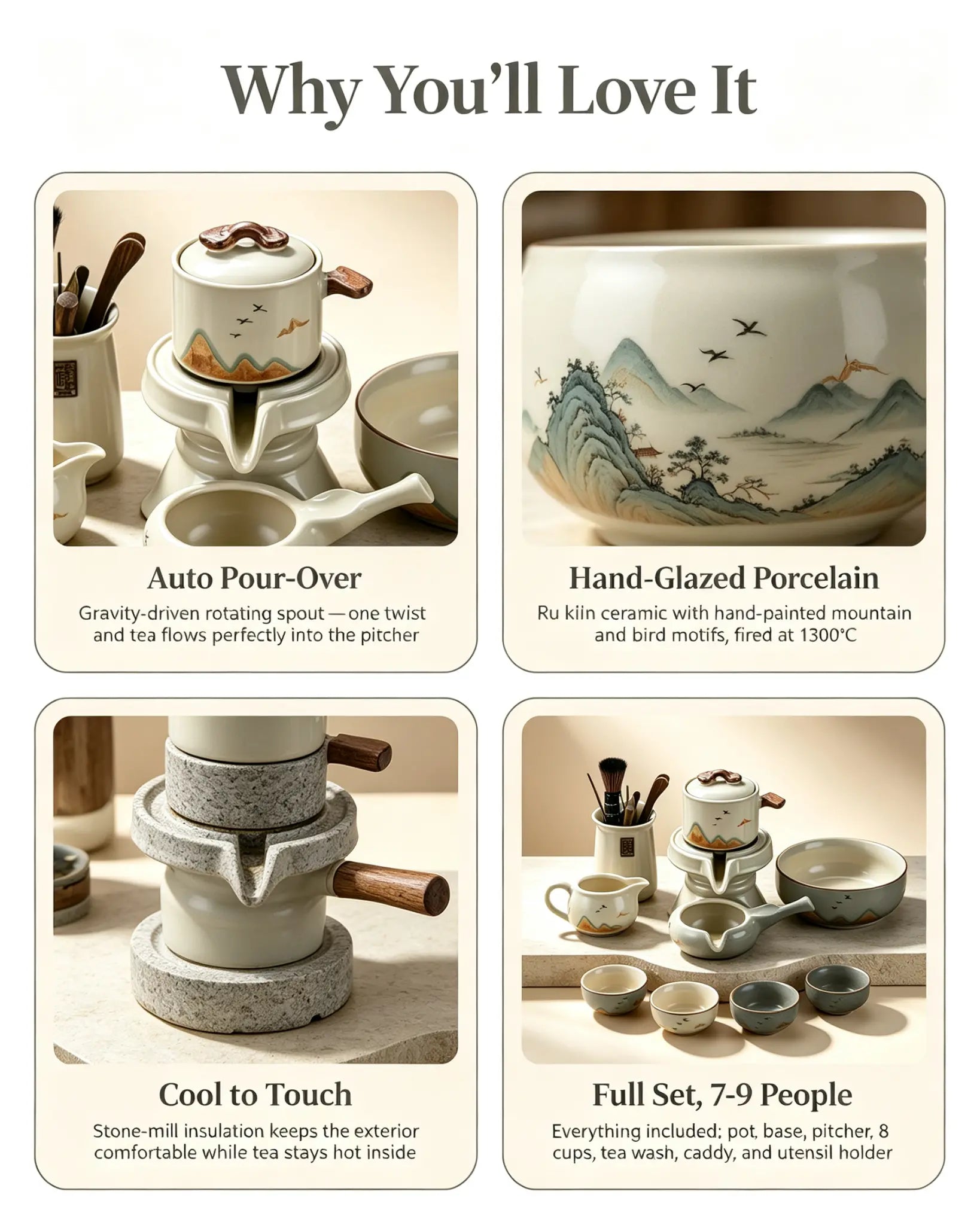 MOTOLIV Automatic Pour-Over Tea Set — Hand-Glazed Ru Kiln Porcelain
