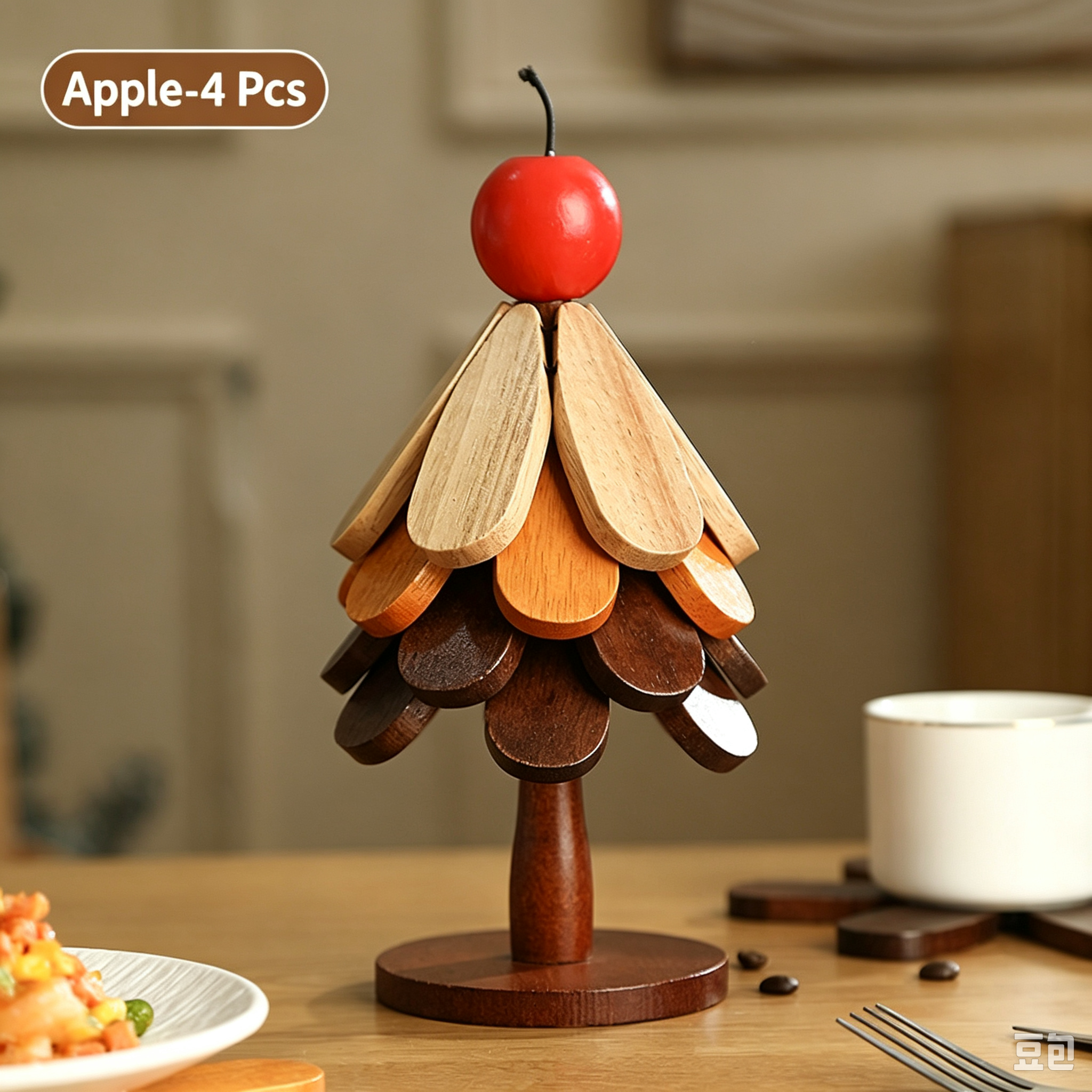 Foldable wooden Christmas tree trivet set with apple top, natural wood finish