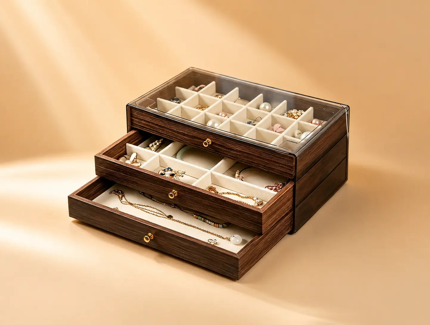 Large Capacity Walnut Jewelry Box with Pull-Out Drawers | Tangle-Free Organizer for Your Entire Collection