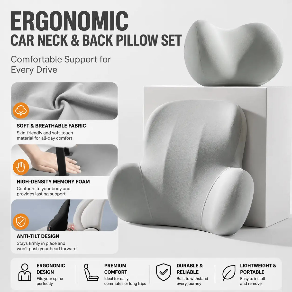Memory Foam Car Neck Pillow and Lumbar Support Set — Ergonomic Comfort for Long Drives