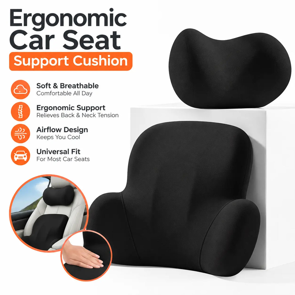 Memory Foam Car Neck Pillow and Lumbar Support Set — Ergonomic Comfort for Long Drives