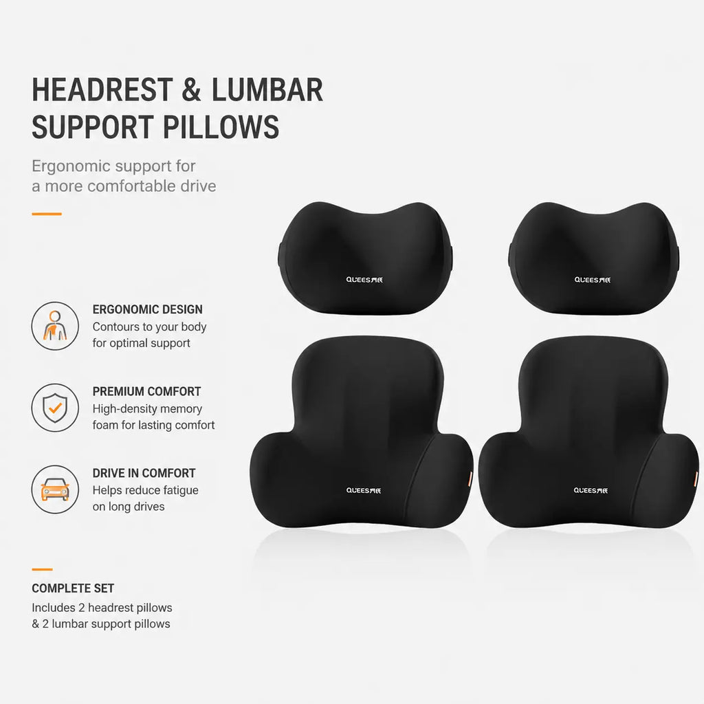 Memory Foam Car Neck Pillow and Lumbar Support Set — Ergonomic Comfort for Long Drives