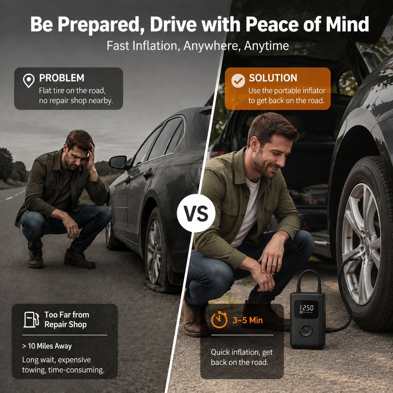Wireless air pump inflating car tire, portable emergency tire inflator in use
