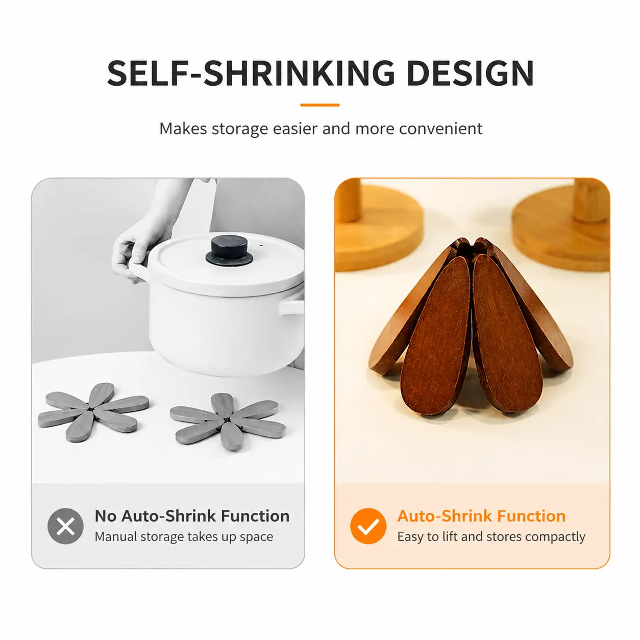Foldable wooden trivet set stored flat in kitchen drawer, space-saving design