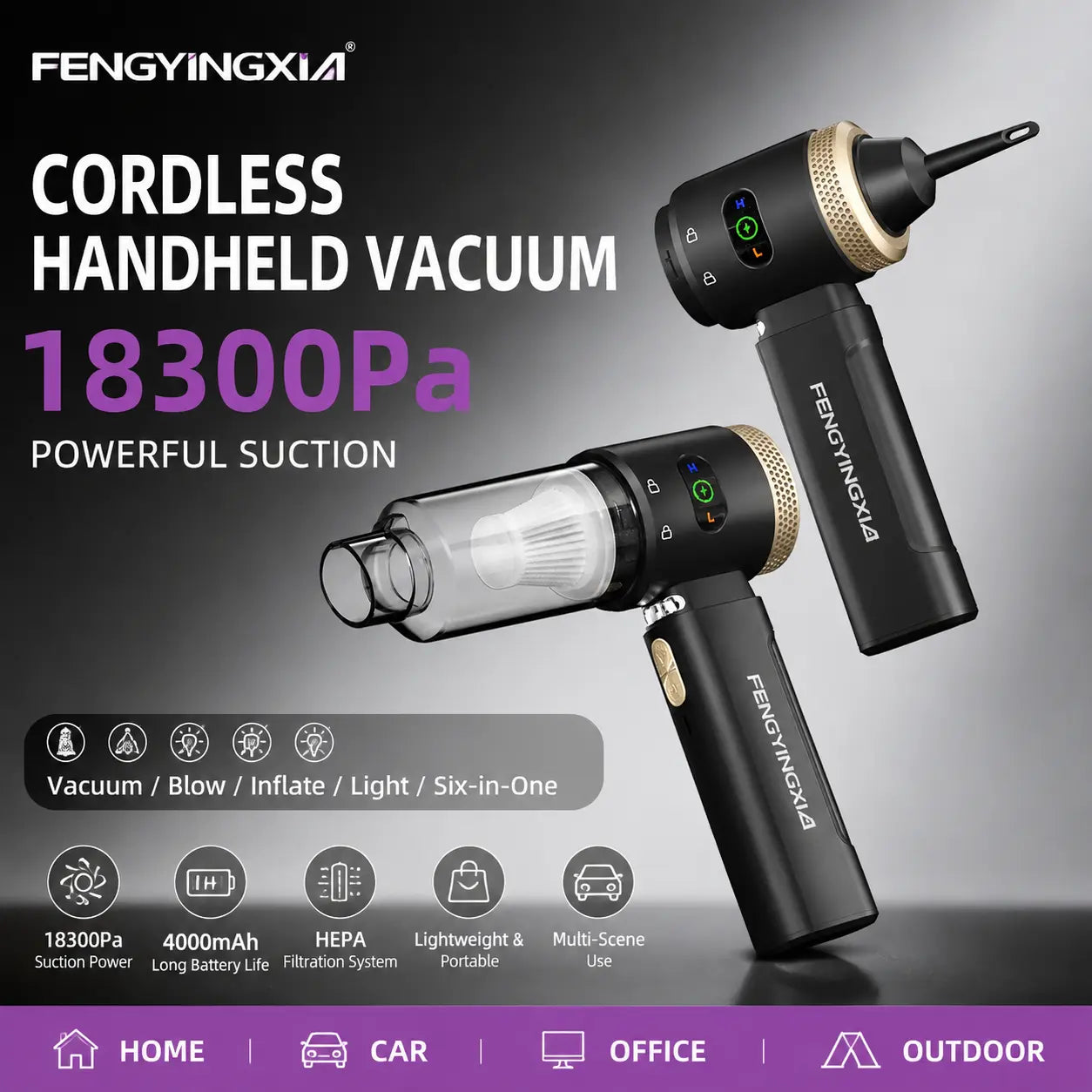 2-in-1 vacuum in blower mode clearing dust from car air vents and keyboard