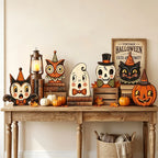 Halloween Decor Indoor,Retro Wooden Block for Shelf Decoration,Cute Ghost,Pumpkin,Black Cat,Skeleton,Witch Owl,Housewarming Gift